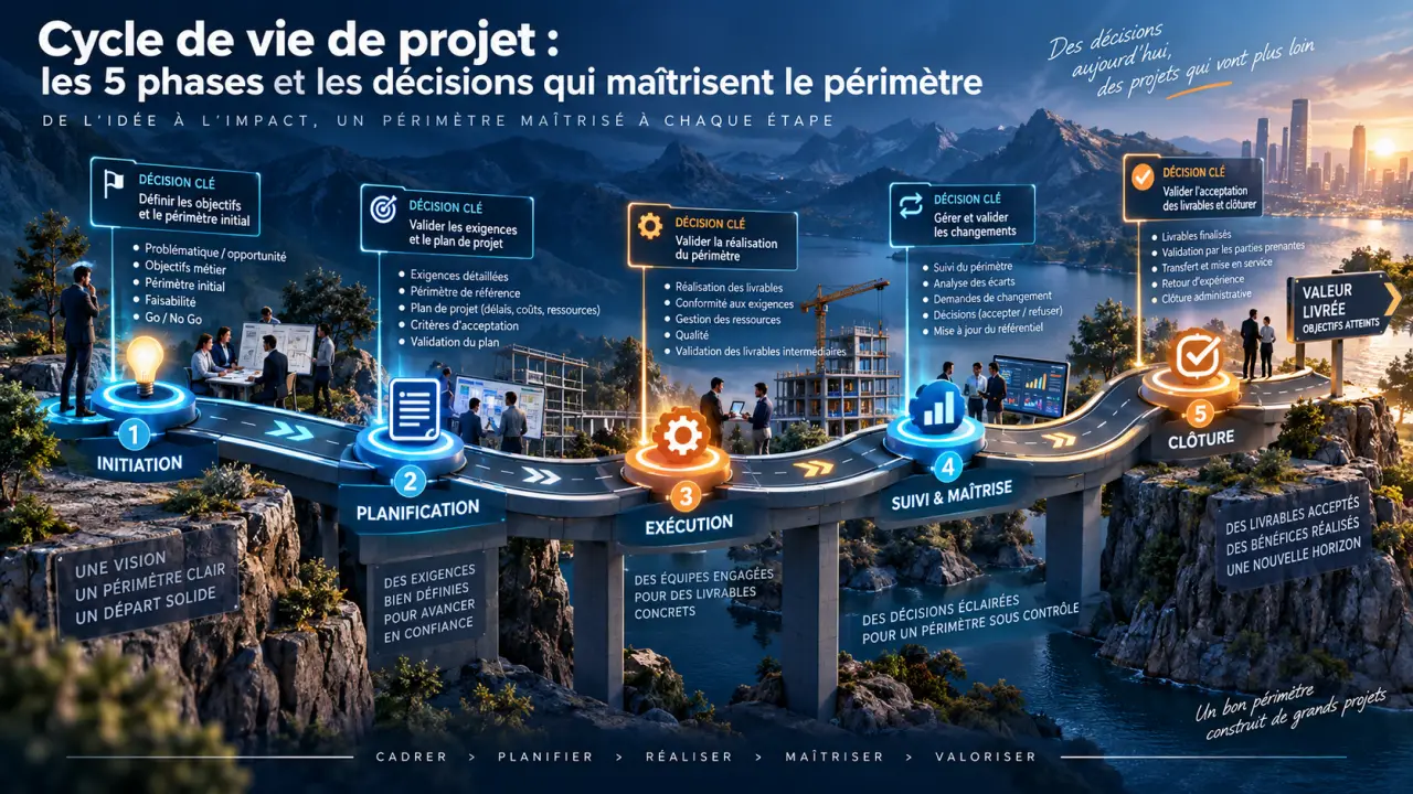 Cycle de vie de projet : les 5 phases et les décisions qui maîtrisent le périmètre