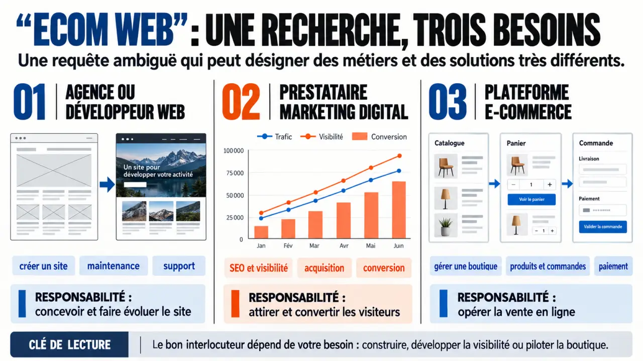 Infographie ecom web pour distinguer agence web, marketing digital et plateforme e-commerce