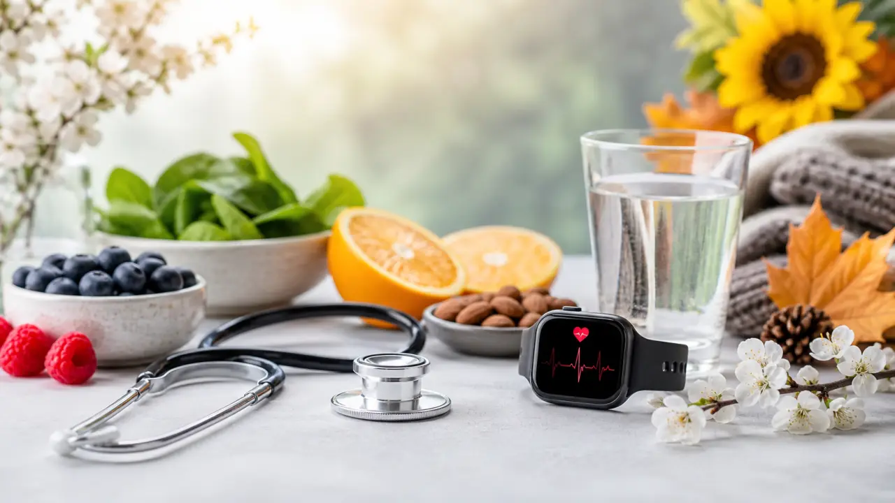 Stéthoscope posé sur des documents médicaux avec des lunettes, éclairage naturel doux