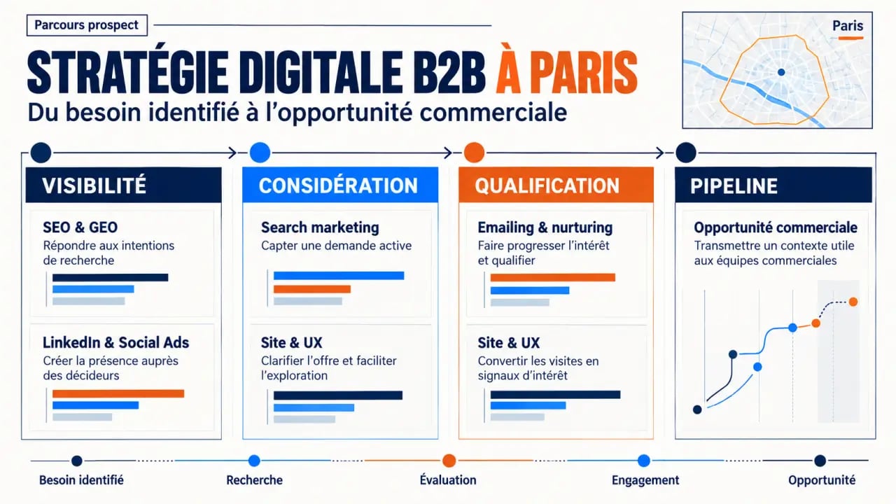 Schéma d’une stratégie digitale B2B Paris reliant les leviers d’acquisition au pipeline commercial