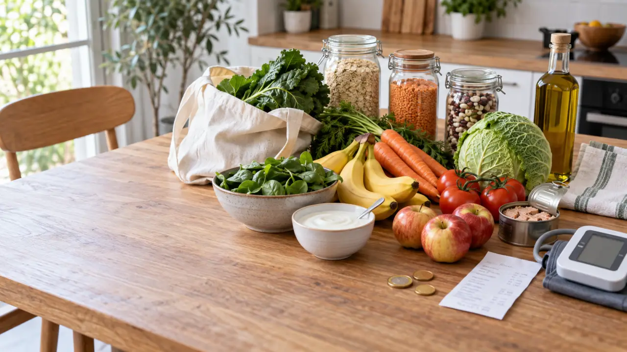 Panier de courses composé de légumes, légumineuses et produits simples pour une alimentation équilibrée