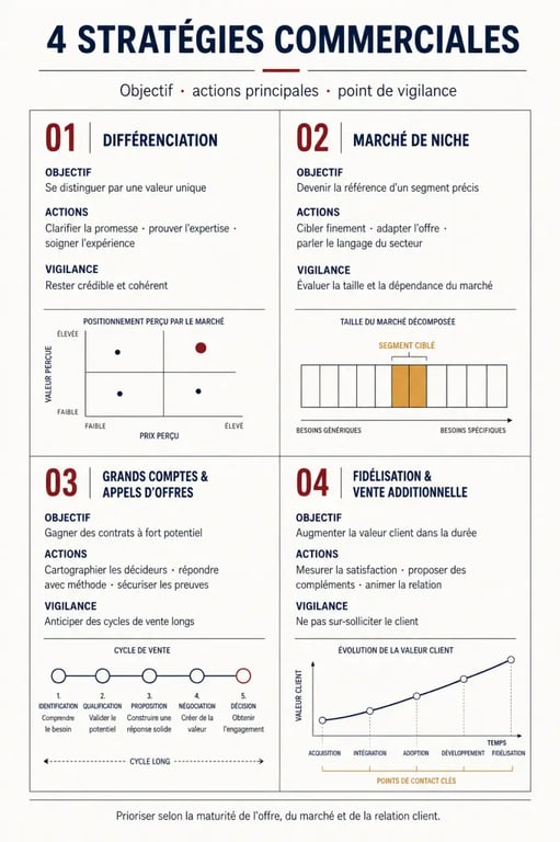 Infographie de stratégie commerciale exemple comparant quatre stratégies de vente