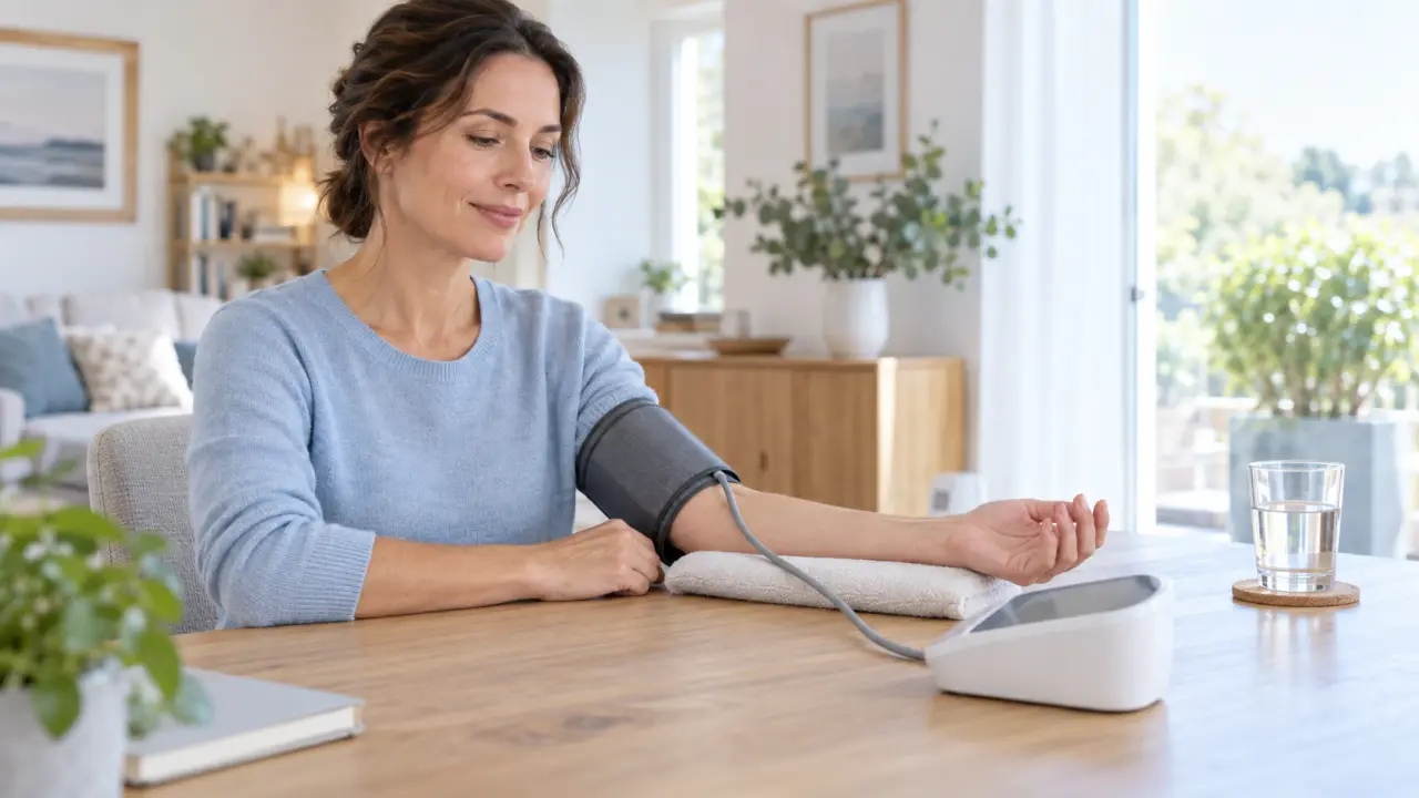 Personne mesurant sa tension artérielle avec un tensiomètre électronique à domicile
