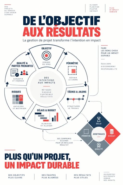 Infographie sur les avantages de la gestion de projet, du cadrage des objectifs au suivi des délais, du budget et de la qualité
