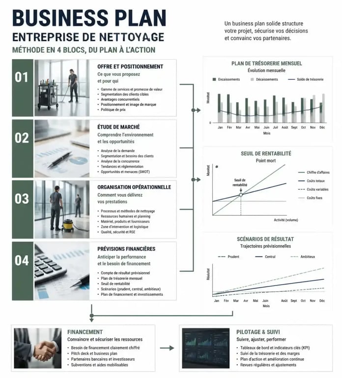 Business plan entreprise de nettoyage : schéma des étapes, de l’étude de marché au prévisionnel financier