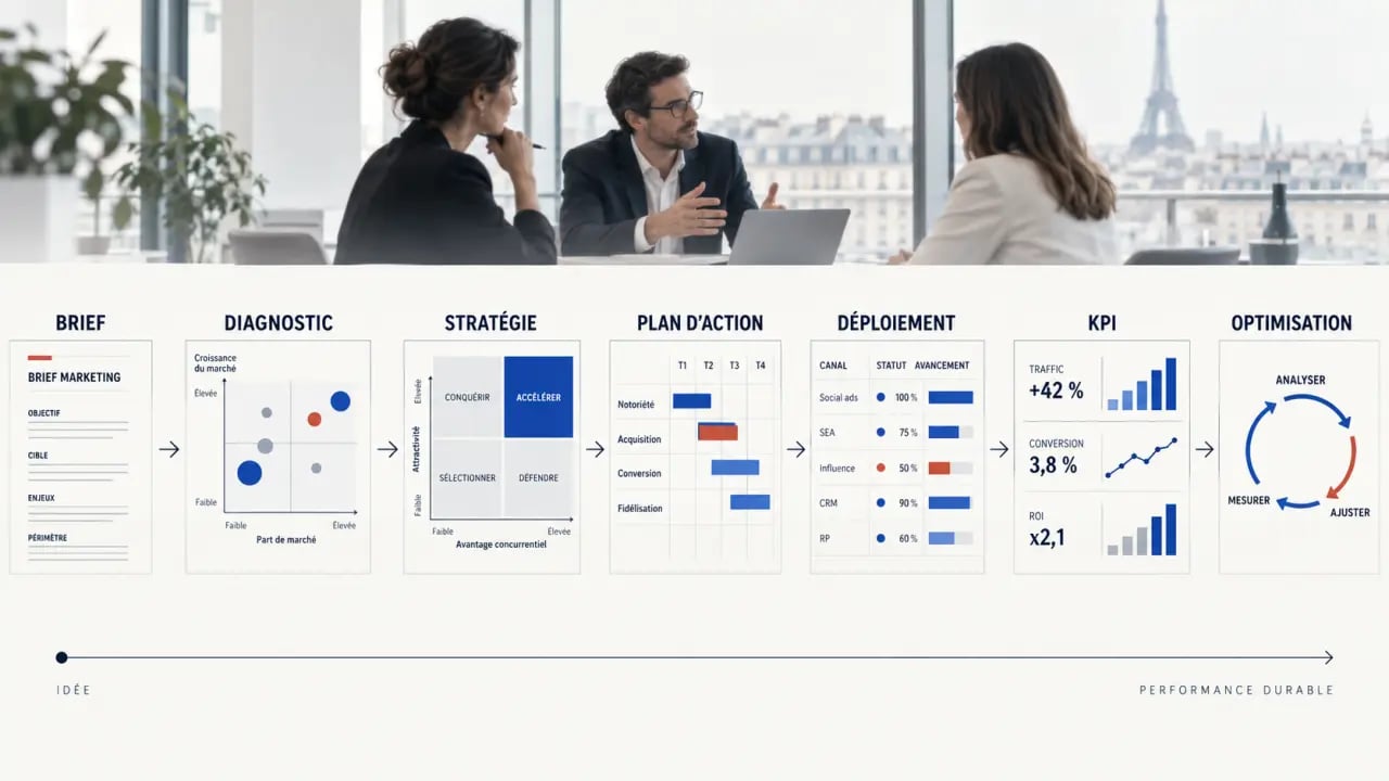 Parcours d'une mission d'agence conseil marketing à Paris, du brief à l'optimisation