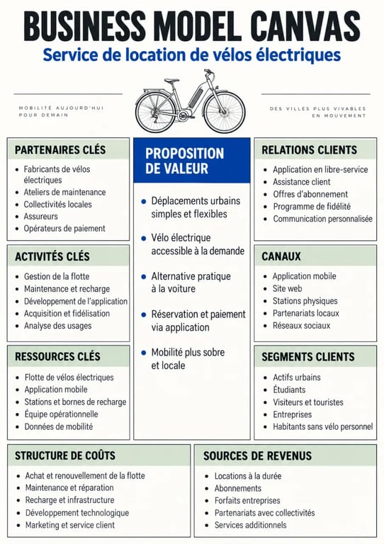 Business Model Canvas exemple rempli pour un service de location de vélos électriques
