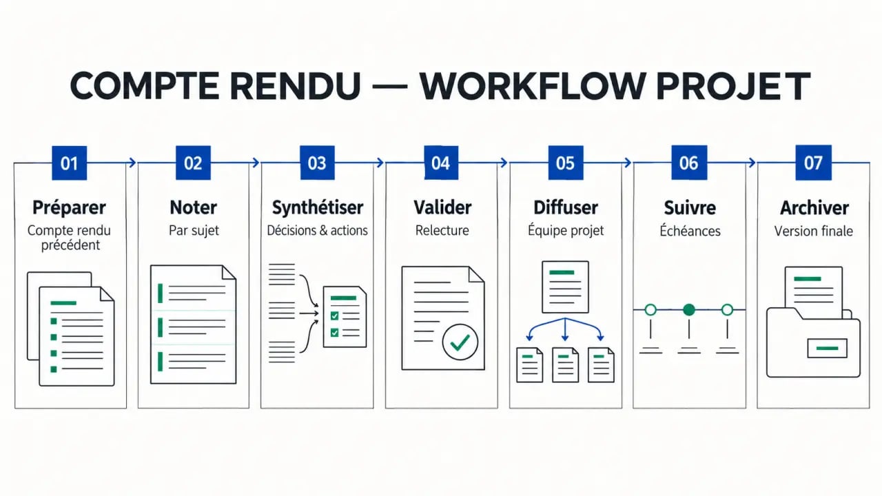 Workflow visuel d'un compte rendu de gestion de projet, de la préparation à l'archivage