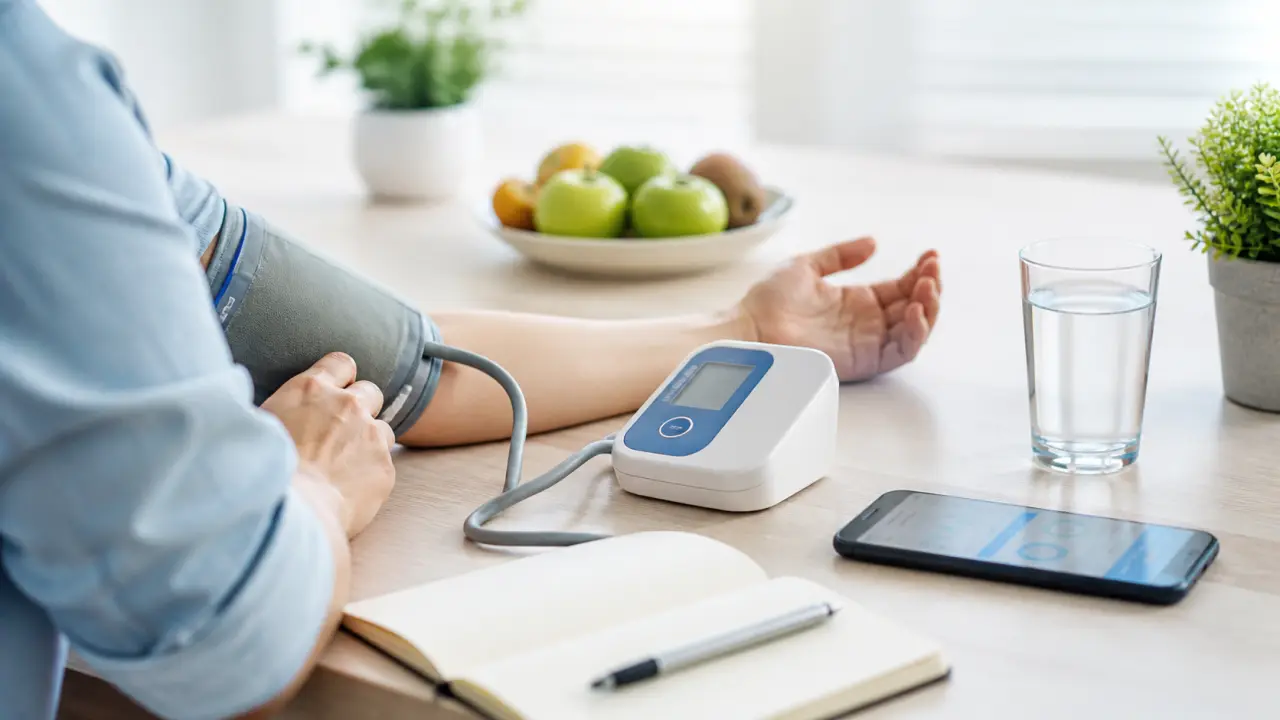 Stéthoscope posé sur des documents médicaux avec des lunettes, éclairage doux et style clinique