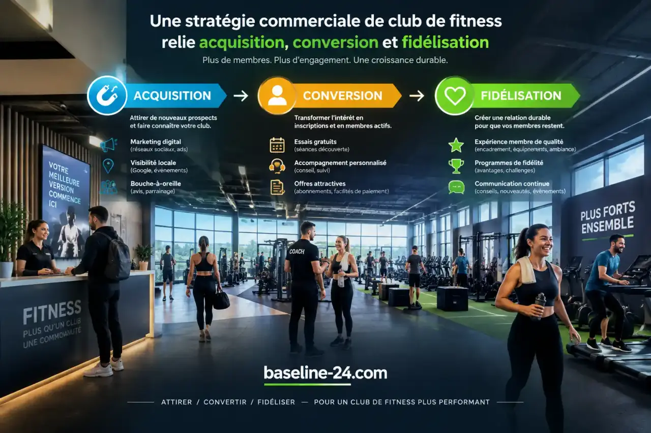 Une stratégie commerciale de club de fitness relie acquisition, conversion et fidélisation