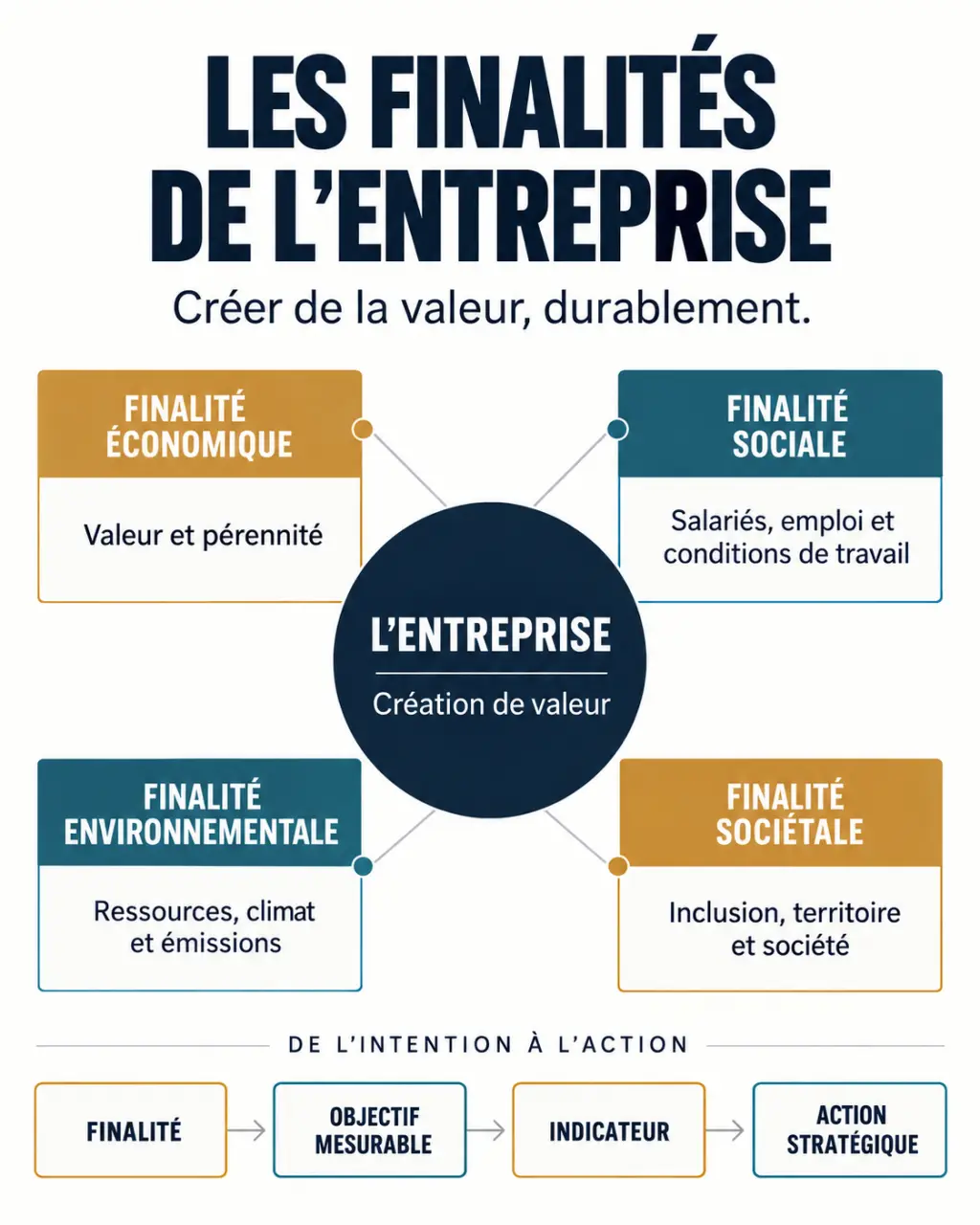Infographie sur les finalités des entreprises économiques sociales environnementales et sociétales