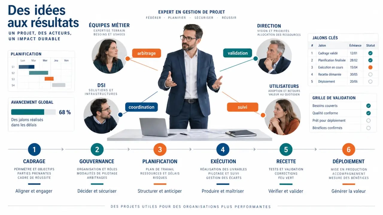 Infographie du cycle de vie piloté par un expert en gestion de projet