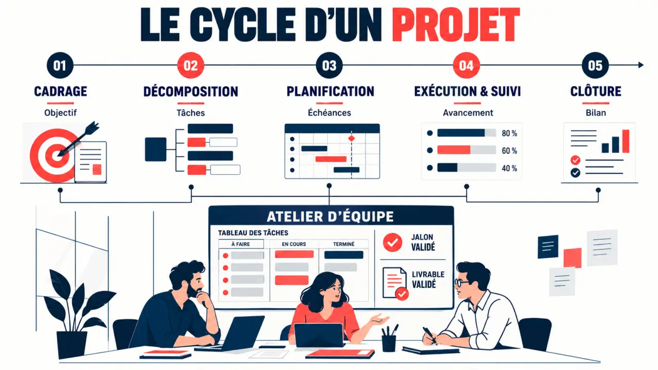 Cours de gestion de projet : illustration des cinq phases du cycle de vie d’un projet