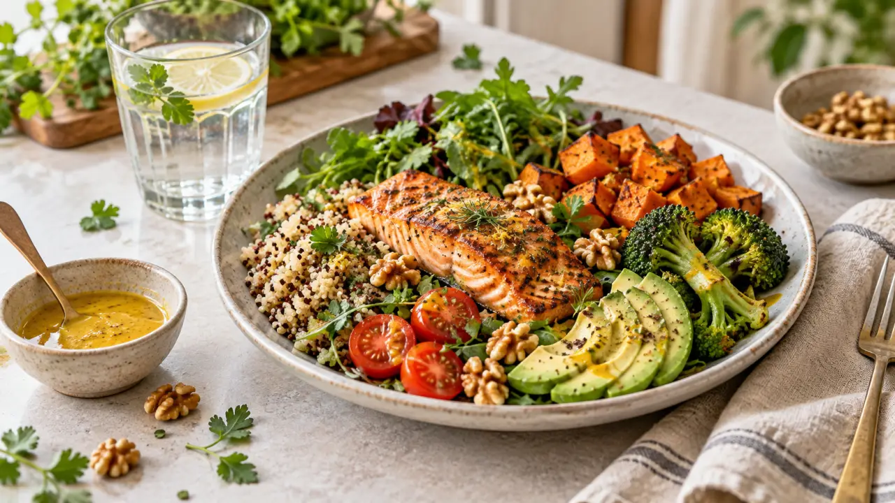 Dîner équilibré composé de légumes, poisson, huile d’olive et céréales complètes